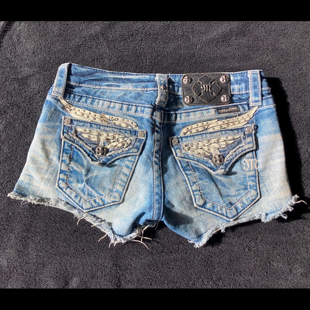 Miss Me leather angel wing shorts